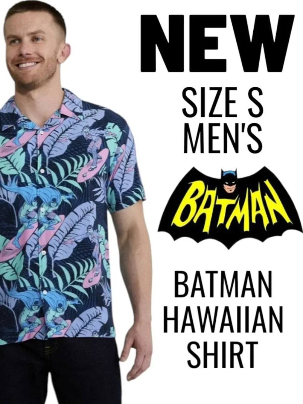NEW Batman Graphic Hawaiian Shirt Floral Resort Button up Men's Size S Small Sho
